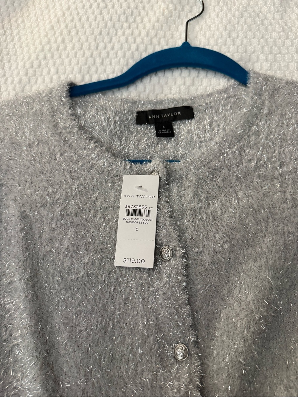 Ann Taylor Silver Sparkle Fuzzy Button-Front Cardigan